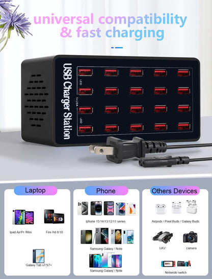 USB Charging Station,100W 20-Port Multi Smart Safety Fast Charger Station for Phone Tablet Watch Headphone PS, Compact Desktop Charger Home Office Travel
