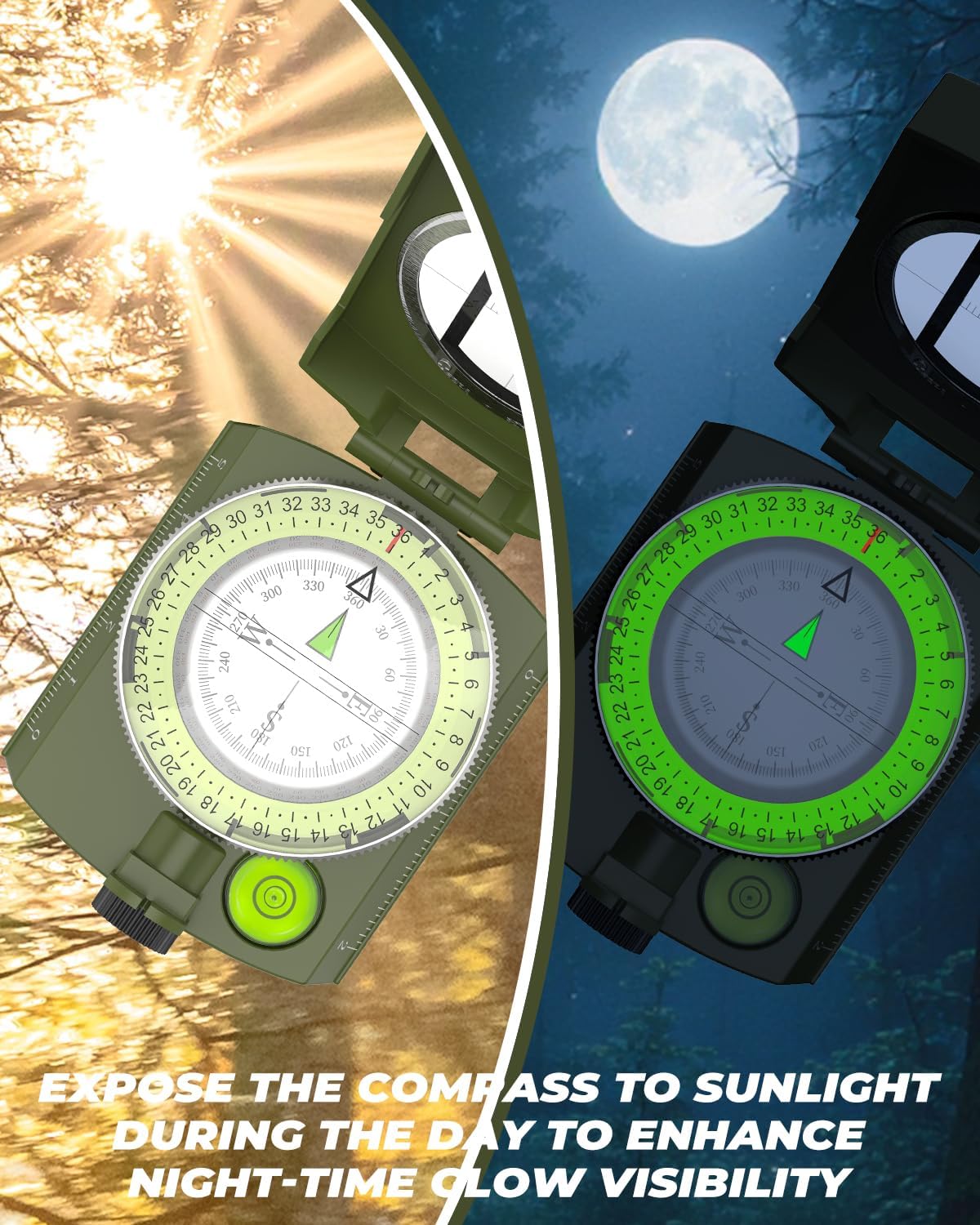 Sportneer Compass, Accurate Lightweight Orienteering Compass with Strap & Carrying Case, Waterproof Metal Hiking Compass with Glow-in-the-Dark Dial for Camping, Hiking & Backpacking