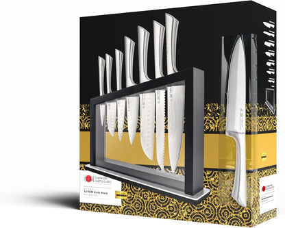 Cuisine::pro Damashiro Satori 8-Piece Japanese Steel Kitchen Knife Set Transparent Display Magnetic Block with Acacia Wood Chopping Board for Convenient Knife Storage and Everyday Food Preparation