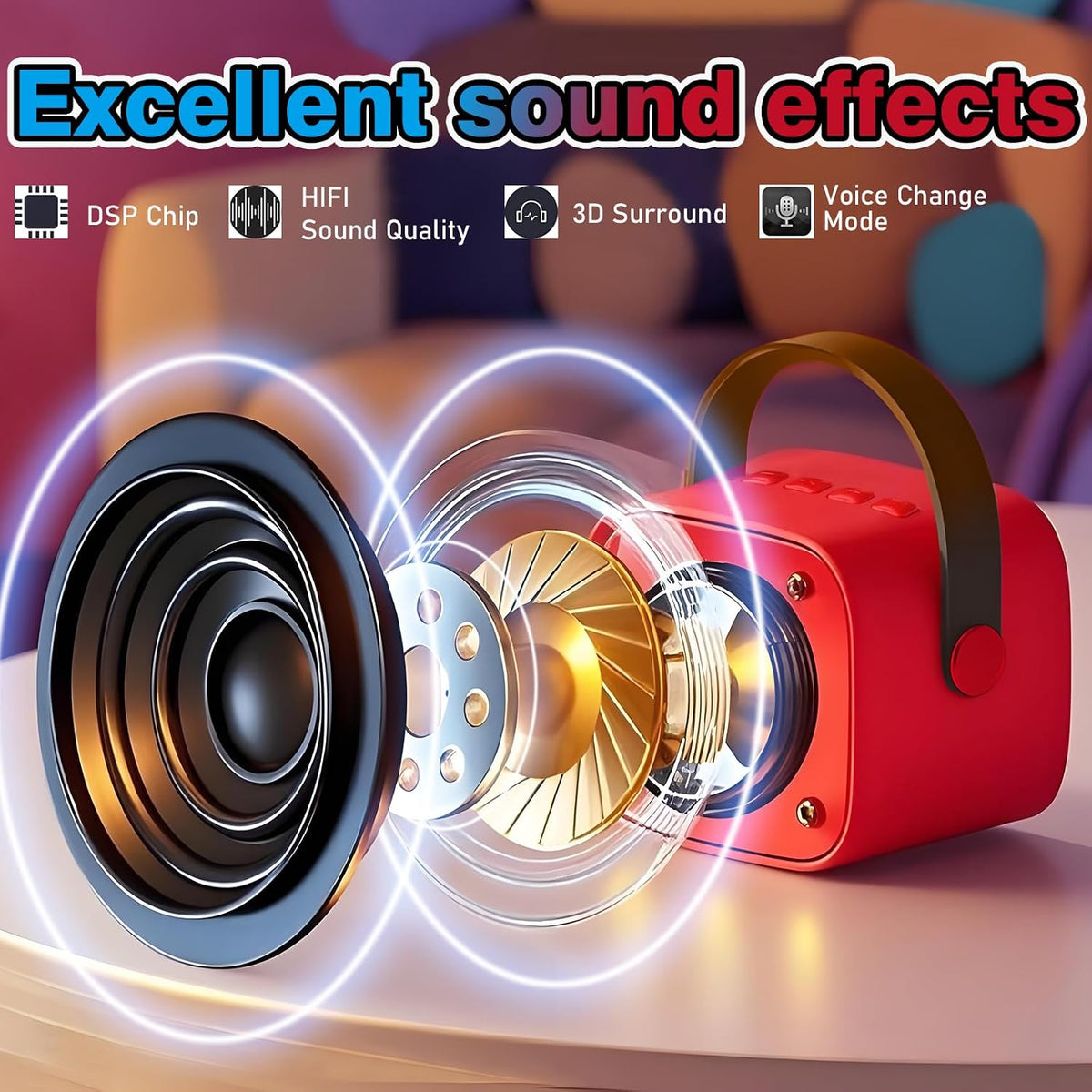 GffoihsX Mini Karaoke Machine for Kids, Portable Bluetooth Speaker with 2 Wireless Microphones, LED Lights, 5 Fun Voice Effects, Rechargeable Battery, Red