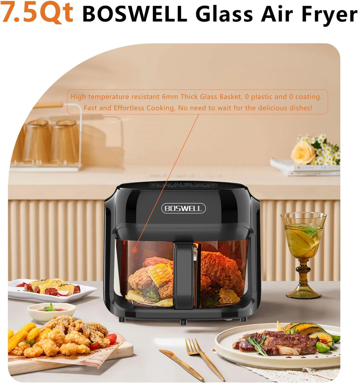 BOSWELL 7.5 QT Large Glass Air Fryer, 6-1 Preset Cook Modes | Transparent Fry Bowl, Black, Circulating Heating & Temperature Control, Steak, Fries, Bake...