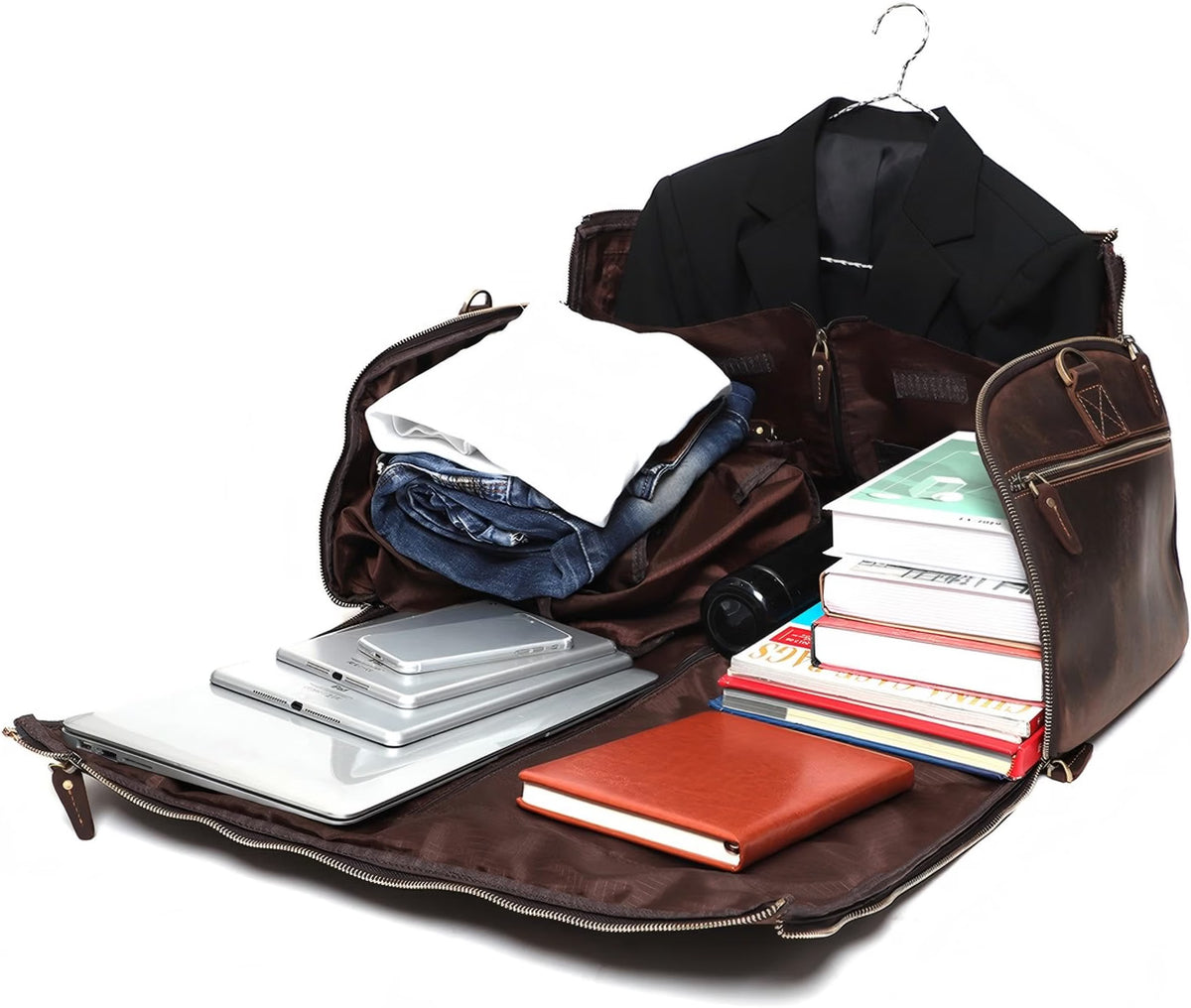 UPRESYE Convertible Leather Garment Bag, Full Grain Cowhide Leather 2-in-1 Suit Travel Bag with Shoe Pouch, Carry-On Hanging Garment Duffel Bag, Deep Brown
