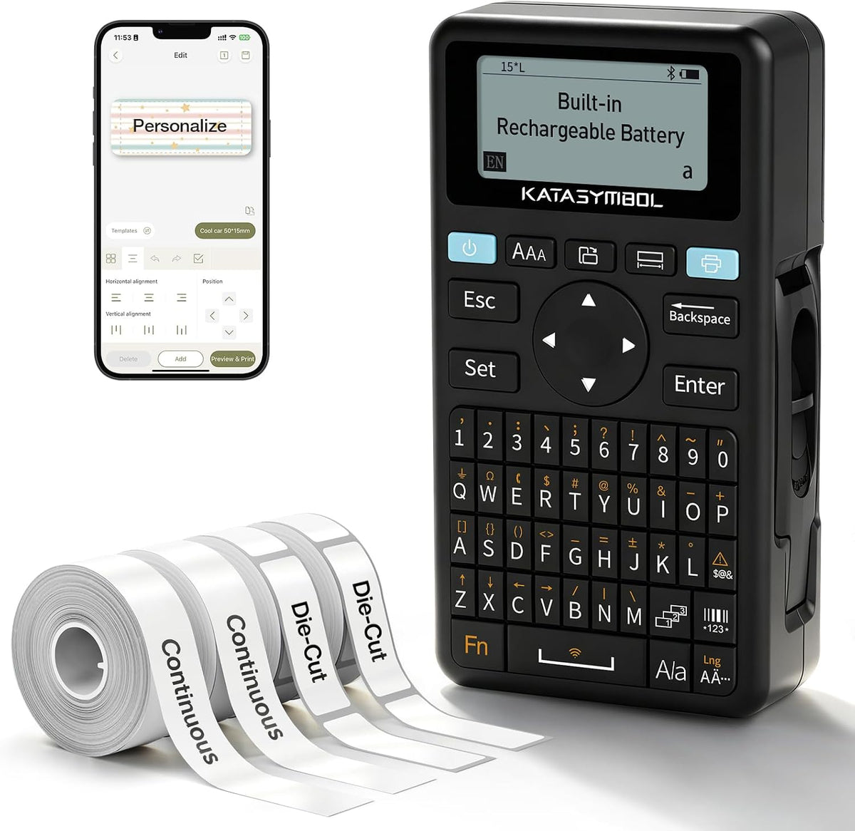 SUPVAN E11 Keyboard & Bluetooth Label Maker | Rechargeable Thermal Printer with 4 Tapes, 30+ Fonts & 660+ Icons