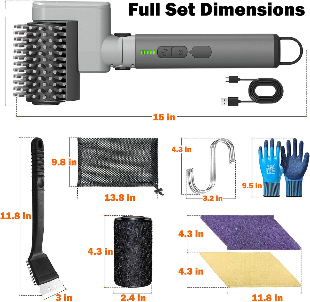 HyperionFlo Essentials Electric Grill Brush, 58W 3-Speed Cordless Grill Cleaner with 5200mAh Rechargeable Battery, 3 Replaceable Heads, Gray