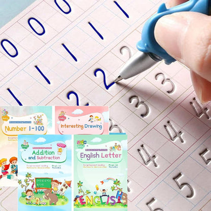 CosyCorner Magic Ink Copybooks for Kids, 4-Pack Reusable Handwriting Workbooks with 3D Grooves, Pen Holding Aid, Letters, Numbers & Math Practice