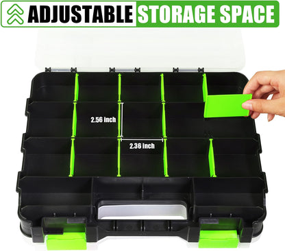 HyperionFlo Essentials Double-Sided 34-Compartment Organizer Box, 2-Pack, Transparent Lid with Removable Dividers, Green