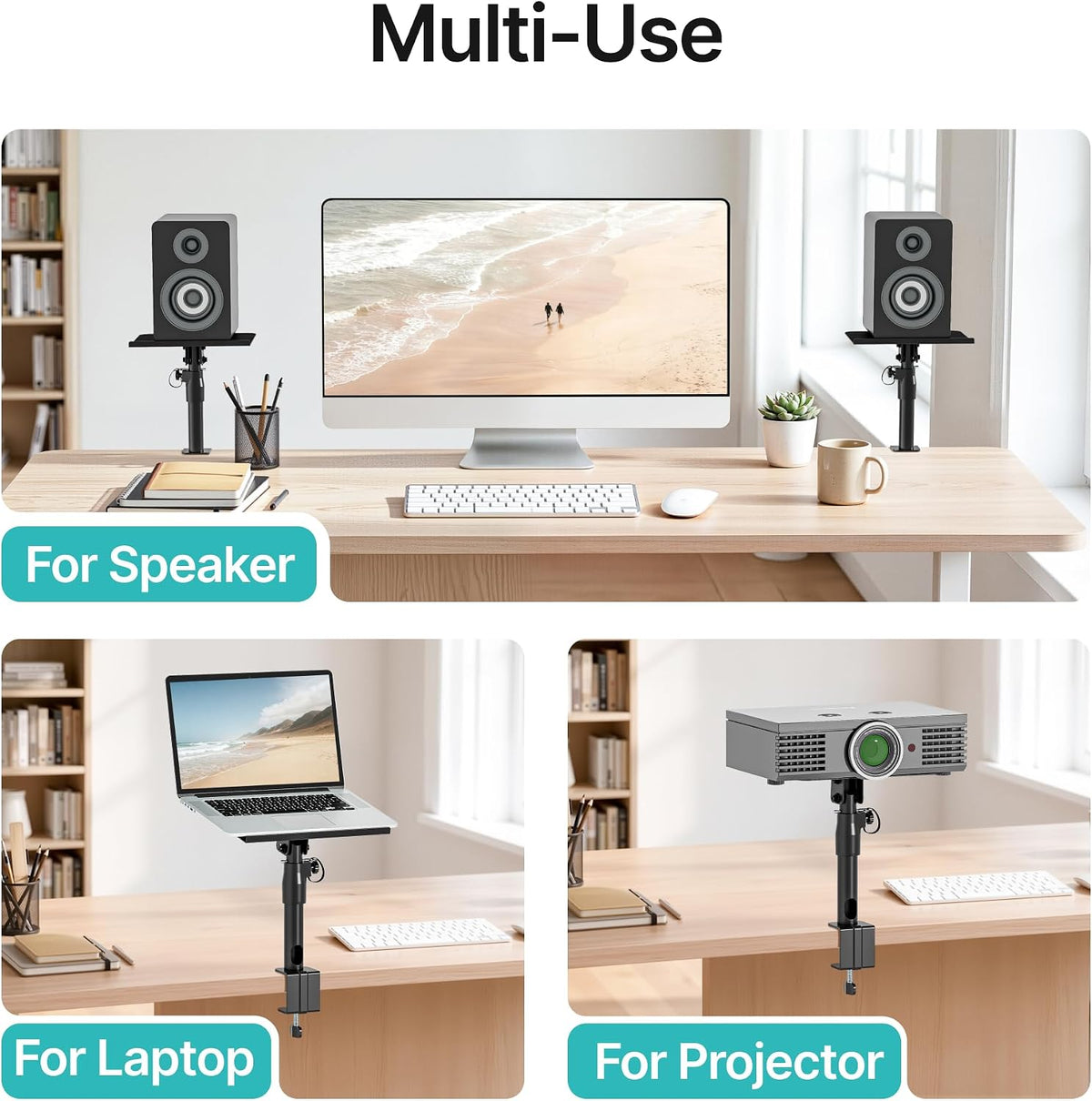 PEGZONE Clamp-on Speaker Stand Pair Heavy-Duty Desktop Speaker Mount Black