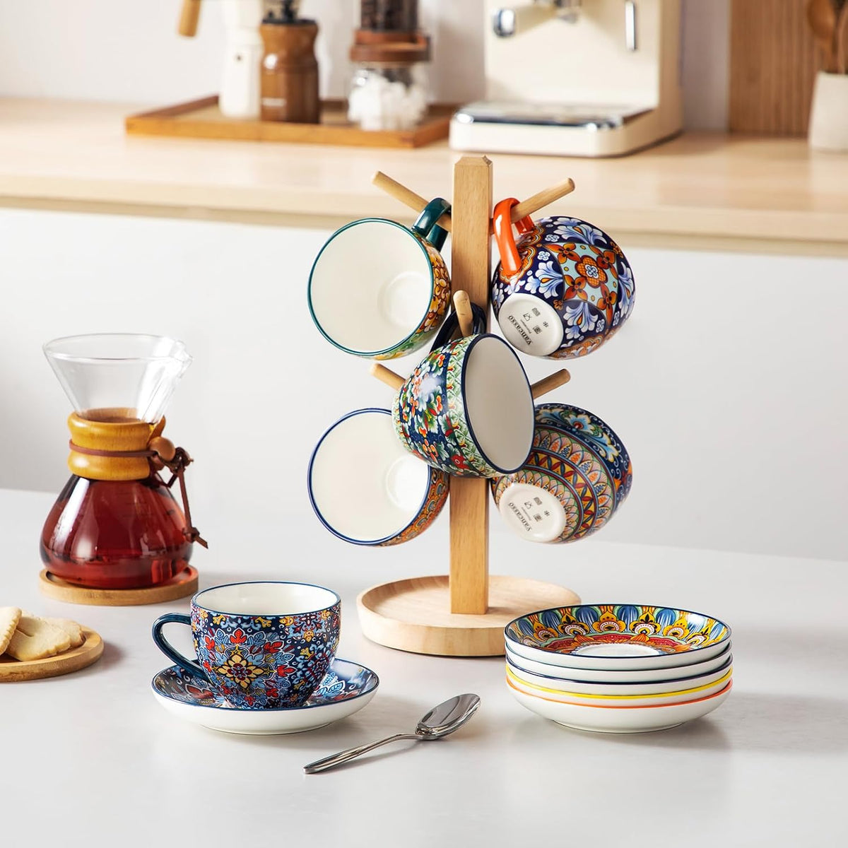vancasso 8 Oz Cappuccino Cups, Porcelain Tea Cups and Saucers Set of 6 Bohemian Cappuccino Mugs,Perfect for Latte, Tea and Espresso, Microwave and Dishwasher Safe,Lead-Free and Non-Toxic