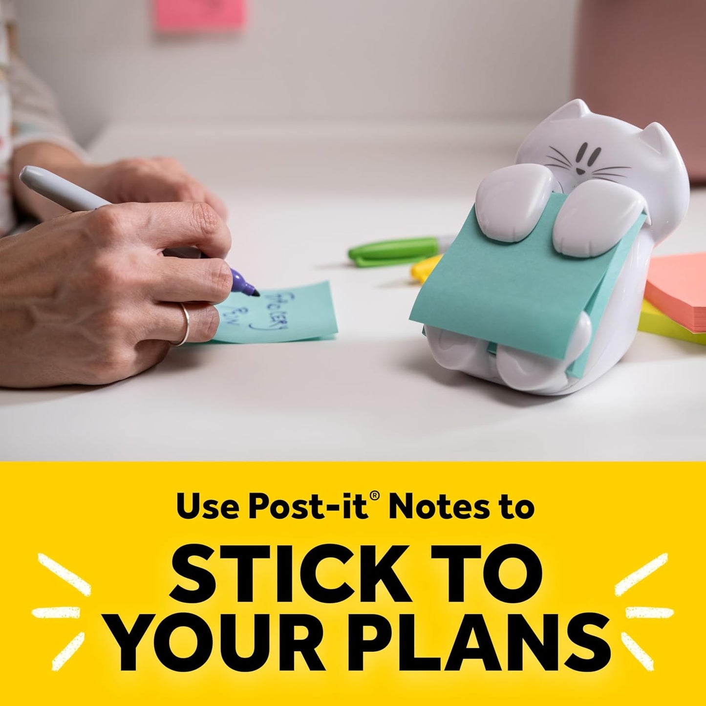 Post-it Note Dispenser, White Cat Design, Pop-Up Sticky Note Holder with 45-Sheet 3 x 3 Inch Note Pad