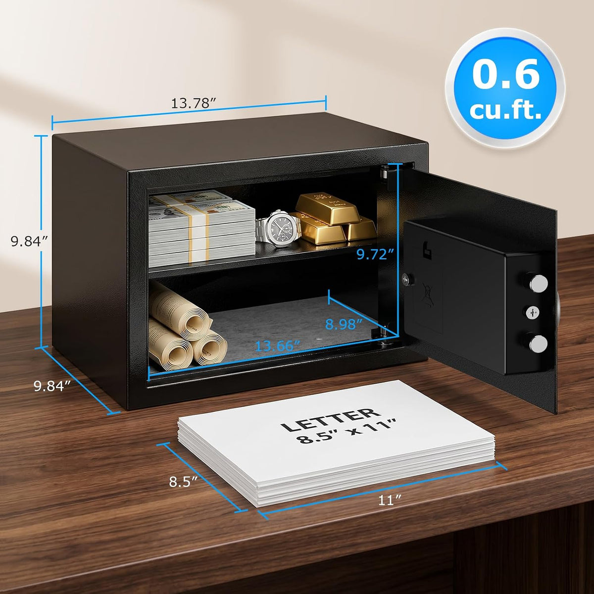 bonsaii SF002-N 0.6 Cu. Ft. Electronic Safe Box | Digital Keypad, Removable Shelf, Type-C Backup Power & Wall Mount