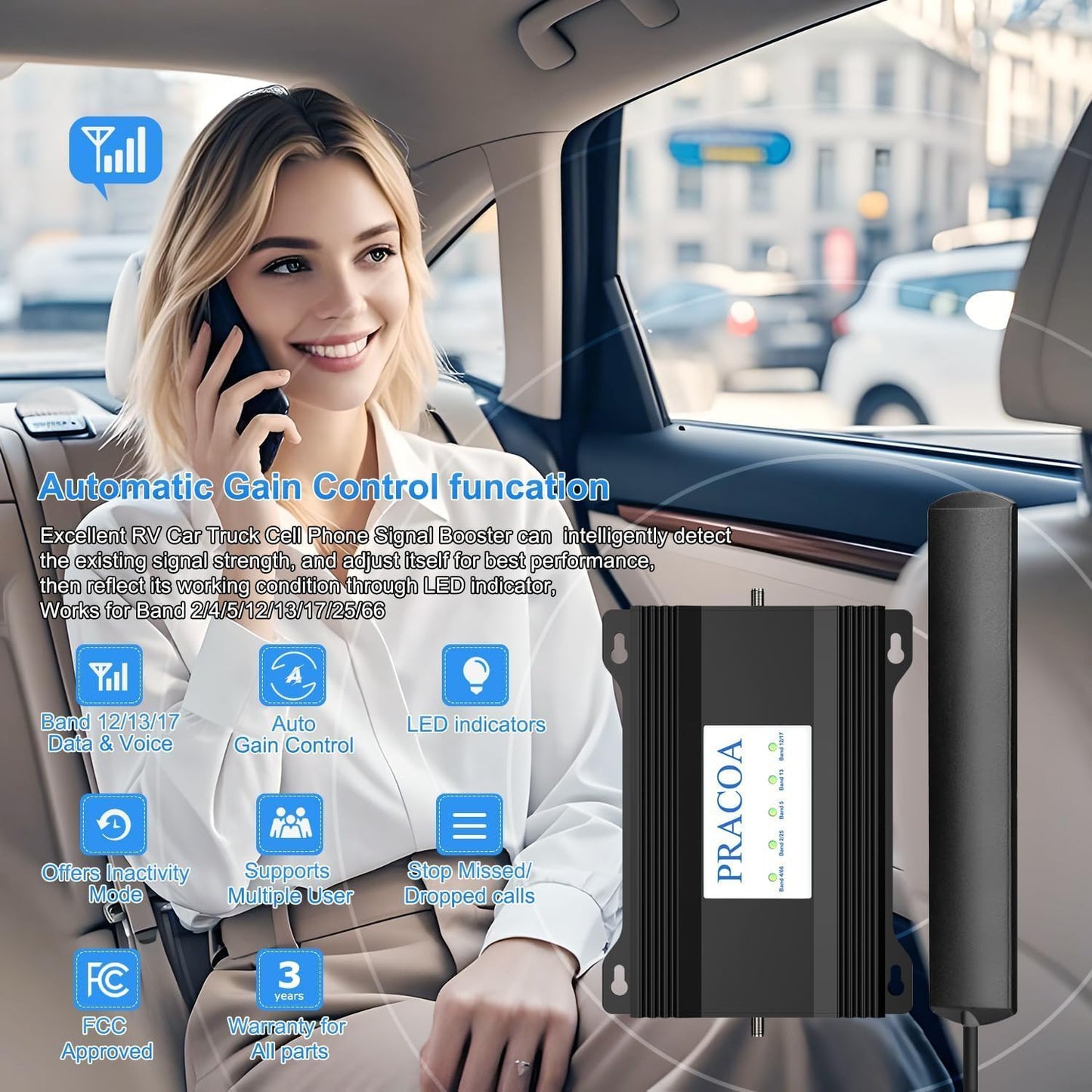 RV Cell Phone Signal Booster Car Truck RV Cell Phone Booster Car Vehicle SUV Support All Carriers AT&T T Mobile Verizon Signal Booster Car Cell Booster for RV 5G 4G LTE 3G Band 13/12/17/5/4/66/2/25