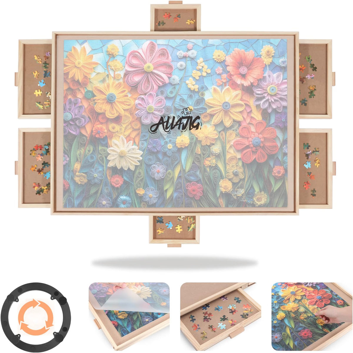 ALL4JIG 2000-Piece Rotating Puzzle Board with 6 Drawers & Cover, 28.5" x 40.16" Portable Jigsaw Puzzle Table with 360° Lazy Susan, Wooden Puzzle Surface for Adults, Crafts & Building