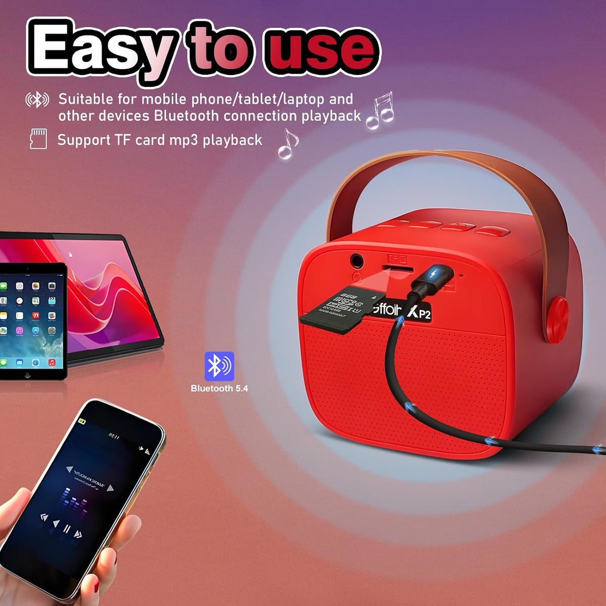 GffoihsX Mini Karaoke Machine for Kids, Portable Bluetooth Speaker with 2 Wireless Microphones, LED Lights, 5 Fun Voice Effects, Rechargeable Battery, Red