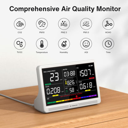 16 in 1 Air Quality Monitor Indoor 7" Real-Time CO2 Monitor, 9 AQI+7 Alerts