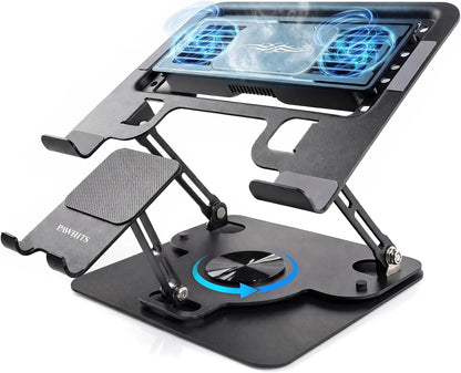Laptop Cooling Pad with Detachable Fan & Cooler (USB A-C Port) 2-in-1 Adjustable Laptop & Phone Stand, Ultra-Quiet, 360° Rotatable Base, Carbon Steel Framework for Laptops Up to 17 Inch