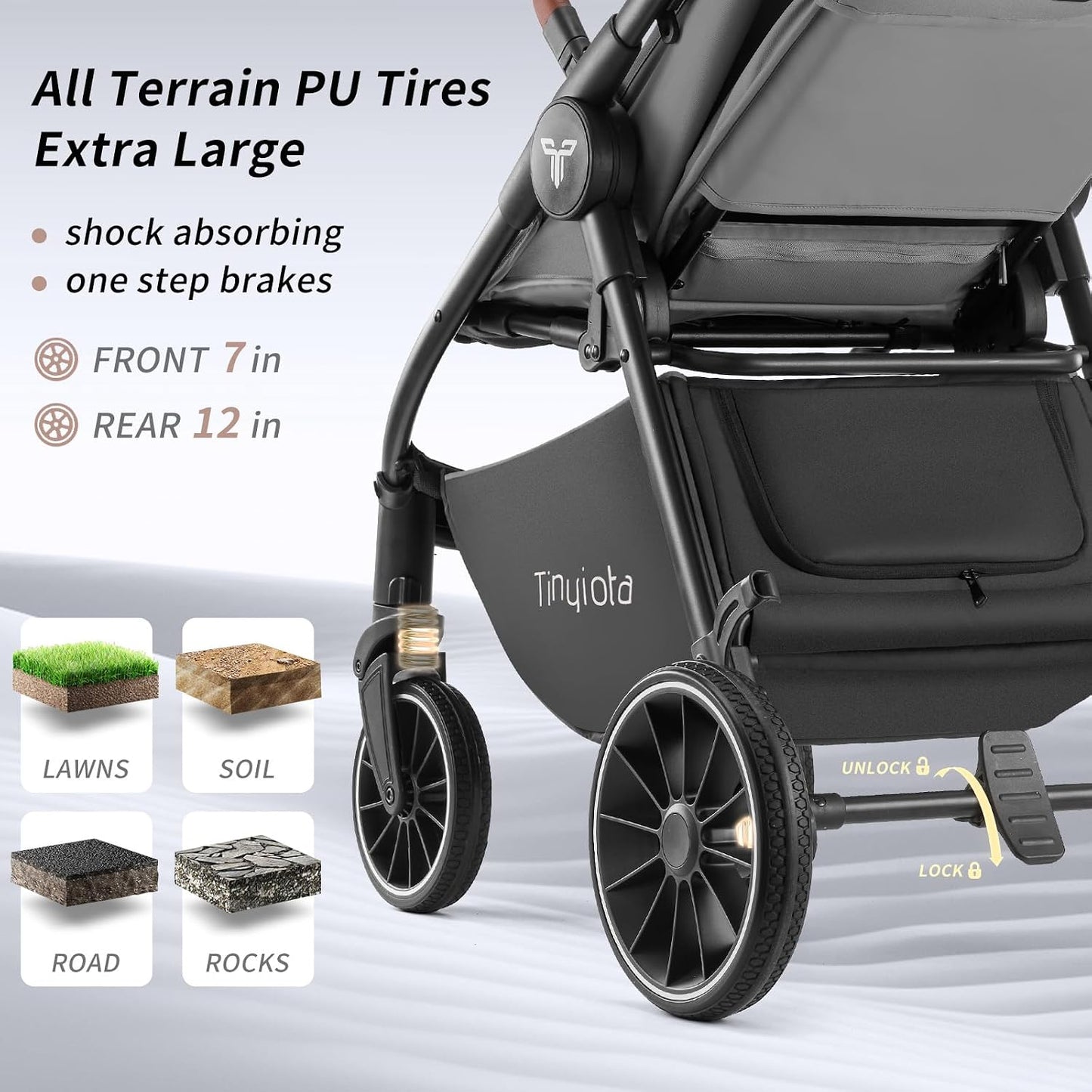 Tinyiota Baby Stroller with UPF 50+ Canopy, One-Hand Fold, Leather Handle, Reclining Seat, Grey