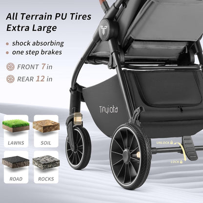 Tinyiota Baby Stroller with UPF 50+ Canopy, One-Hand Fold, Leather Handle, Reclining Seat, Grey