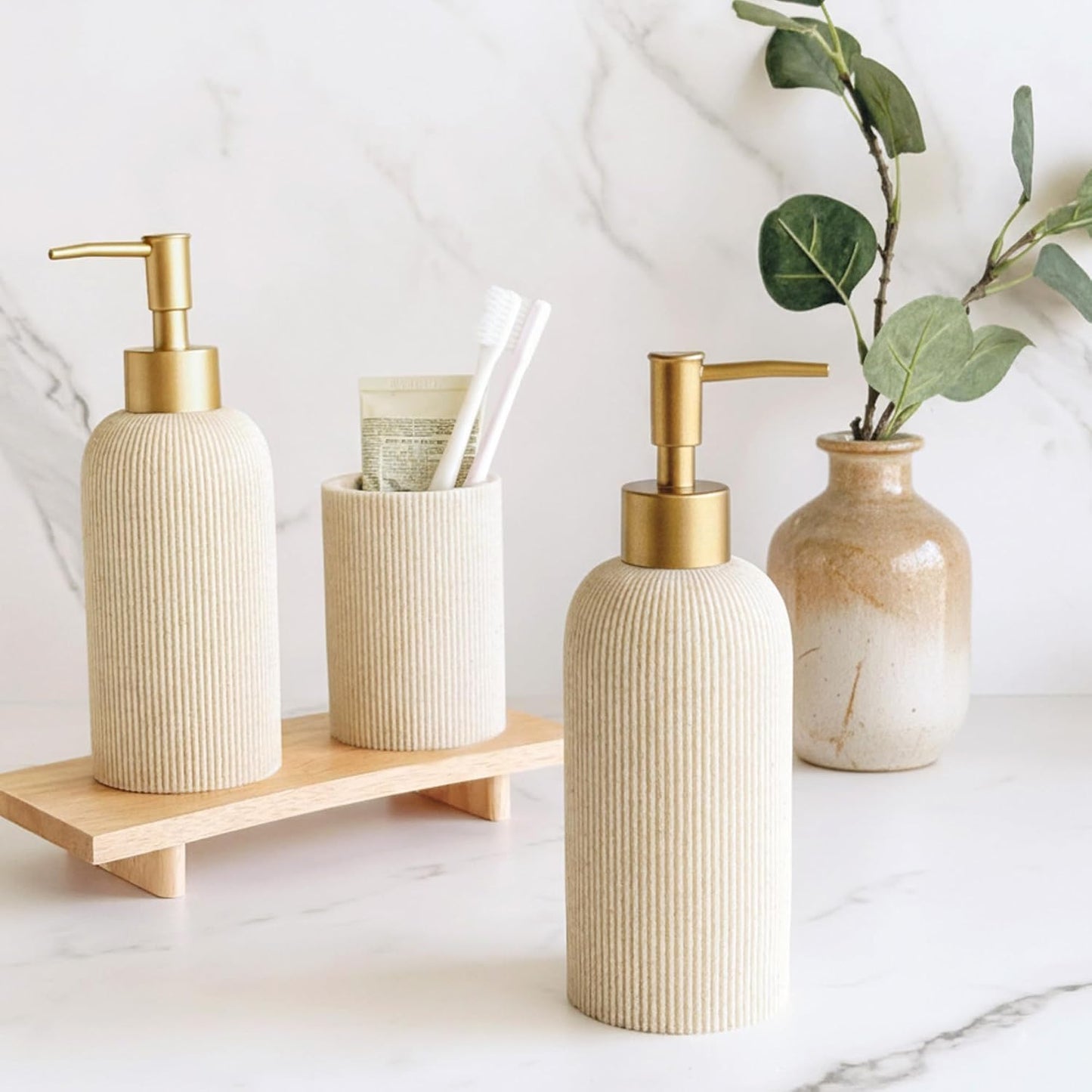 Sand Beige Hand Soap Dispenser with Matte Gold Pump, 11oz Luxury Boho Farmhouse Style, Fluted Sandstone Texture, Lotion & Dish Soap Dispenser for Bathroom and Kitchen Countertop