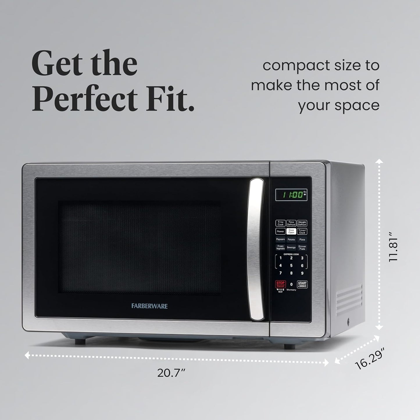 Farberware 1.1 Cu. Ft. Countertop Microwave Oven – 1000 Watts Power, Auto Cook Settings, Defrost, Easy Clean and Child Safety Lock - Stainless