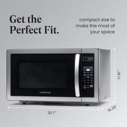 Farberware 1.1 Cu. Ft. Countertop Microwave Oven – 1000 Watts Power, Auto Cook Settings, Defrost, Easy Clean and Child Safety Lock - Stainless