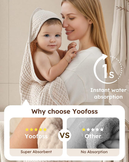 Yoofoss Hooded Baby Bath Towels, 2-Pack 100% Muslin Organic Cotton Baby Towels with Hood, 32 x 32 Inch, Soft & Absorbent, Beige & Coffee