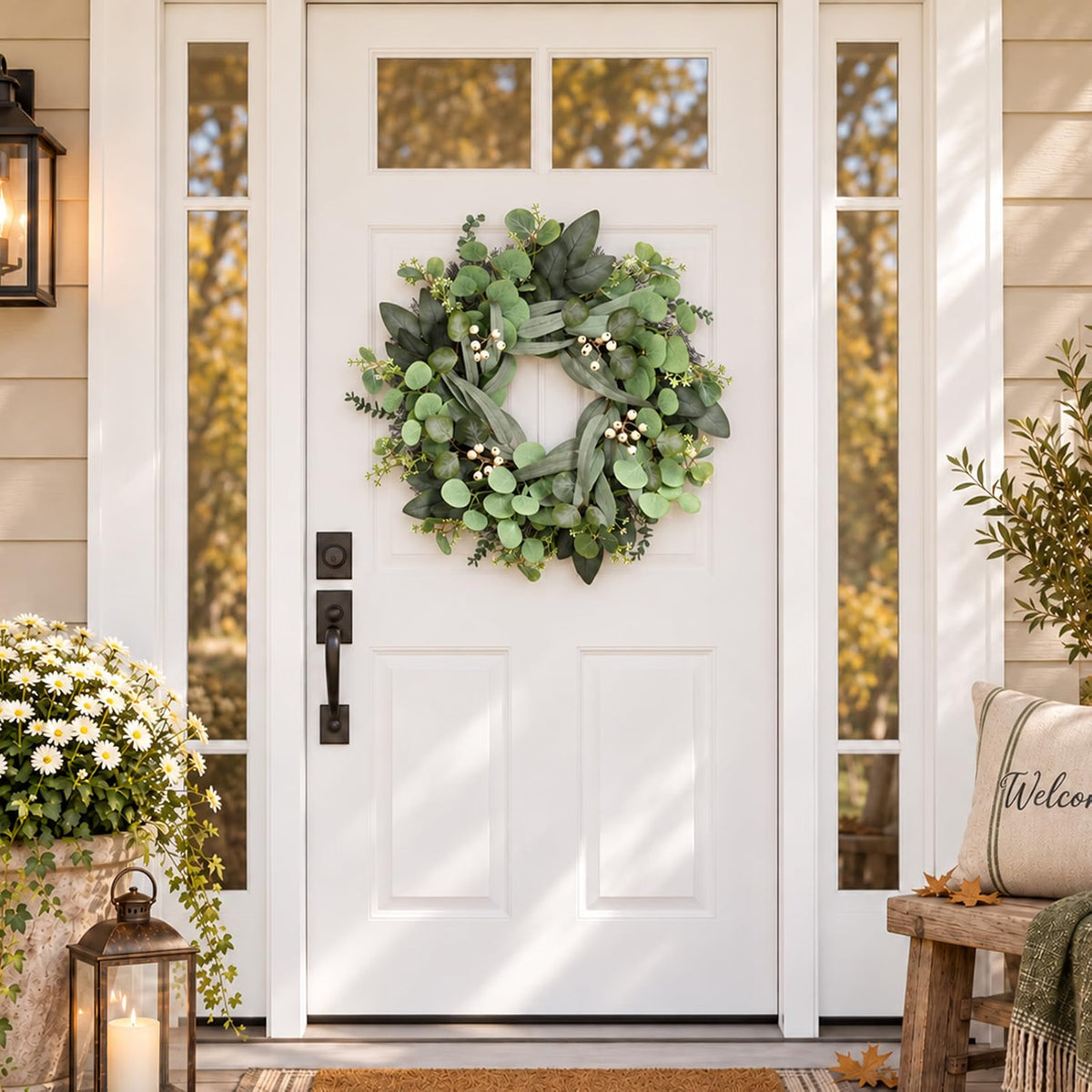 HyperionFlo Essentials 24-Inch Artificial Eucalyptus Wreath for Front Door, Greenery with White Berries, Fall & Year-Round Home Decor