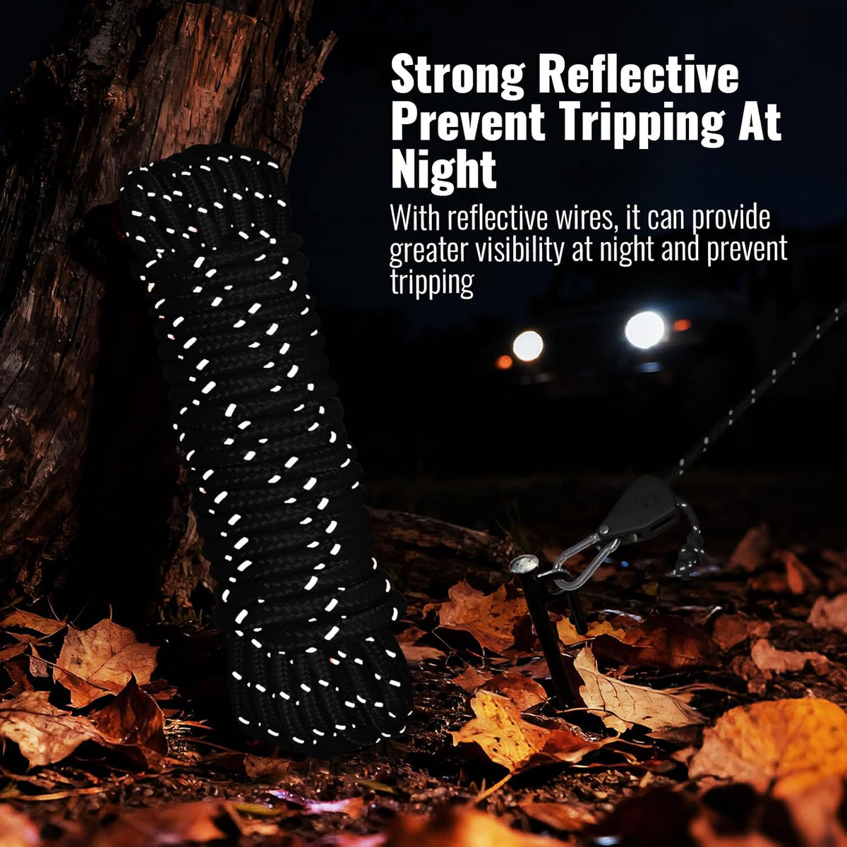 SOHIDAS Reflective Camping Guy Lines with Ratchet Pulley, 13FT Adjustable Tent Rope, 4mm Heavy-Duty Tarp Tie Down Cords with Auto-Lock Tensioner, Black