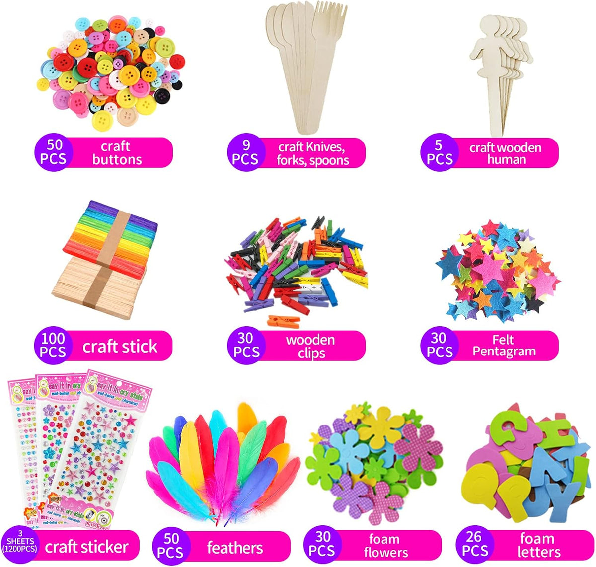 Itopstar 3000-Piece Kids Arts and Crafts Supplies, 3-Layer Portable Craft Box with Pipe Cleaners, Pom Poms, Beads, Feathers, Craft Sticks & DIY Accessories, Pink
