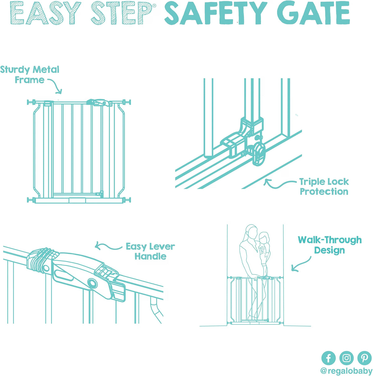 Regalo Easy Step Safety Gate, 29–38.5 Inch Extra Wide Baby Gate, 30-Inch Tall Pressure Mount Gate for Doorways & Bottom of Stairs, White