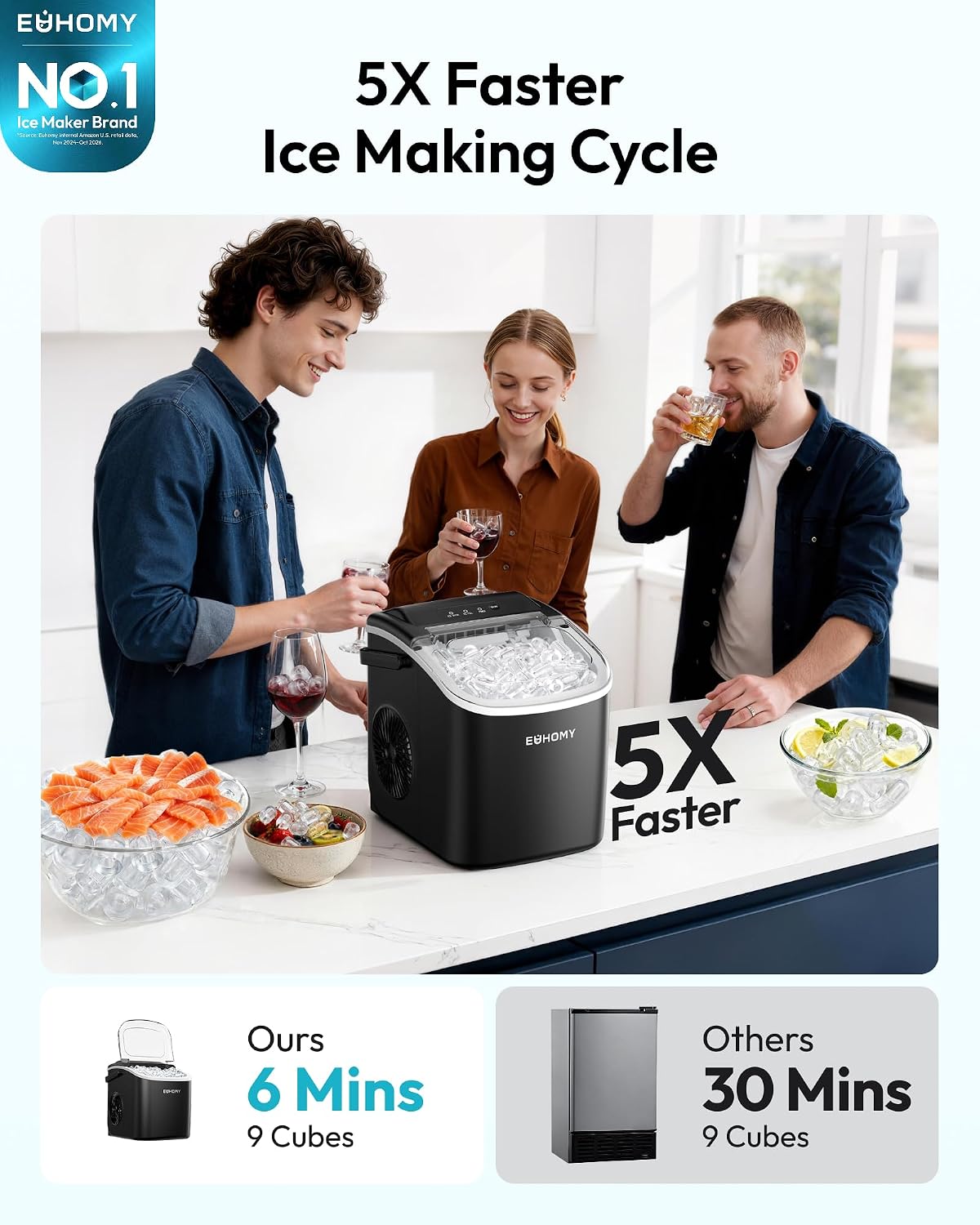 EUHOMY Countertop Ice Maker Machine with Handle, 26lbs in 24Hrs, 9 Ice Cubes Ready in 6 Mins, Auto-Cleaning Portable Ice Maker with Basket and Scoop, for Home/Kitchen/Camping/RV. (Black)