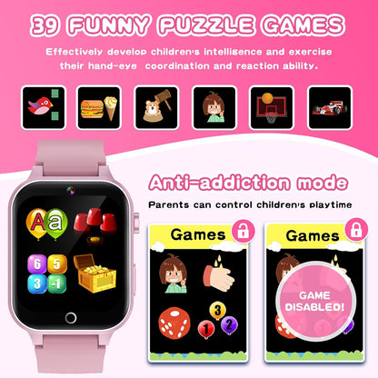 Cosjoype D07 Kids Smart Watch for Girls Ages 5-12, 39 Games, HD Touch Screen, Camera, Music Player, Pedometer, Flashlight, Habit Tracking, Pink