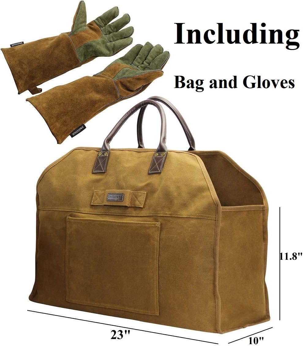 INNO STAGE Waxed Canvas Firewood Log Carrier with Gloves Extra Large Capacity, with Pocket, Waterproof, Heavy Duty, Wood Tote Bag Holder, for Fireplace, Wood Stove, Camping