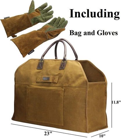 INNO STAGE Waxed Canvas Firewood Log Carrier with Gloves Extra Large Capacity, with Pocket, Waterproof, Heavy Duty, Wood Tote Bag Holder, for Fireplace, Wood Stove, Camping