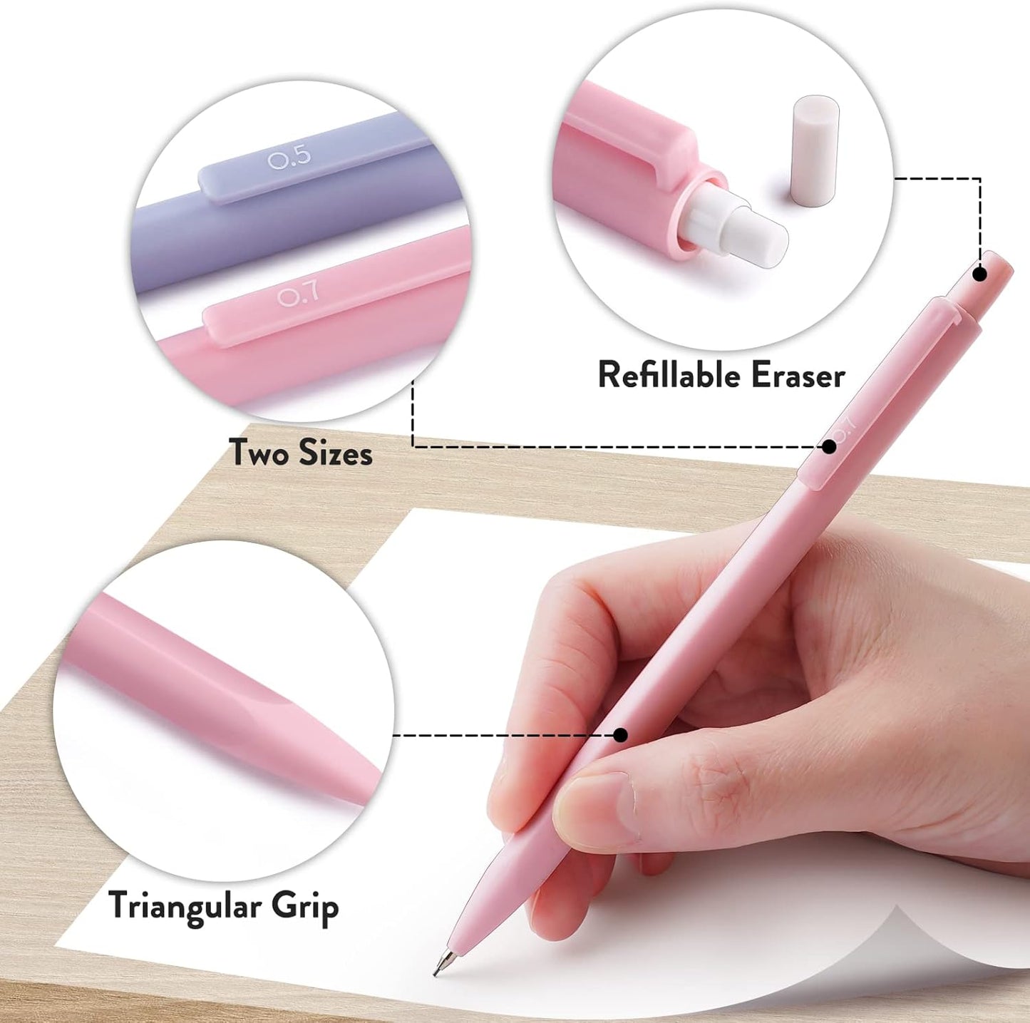 Four Candies Cute Mechanical Pencil Set, 6-Pack 0.5/0.7mm with Lead Refills and Erasers, Multicolor