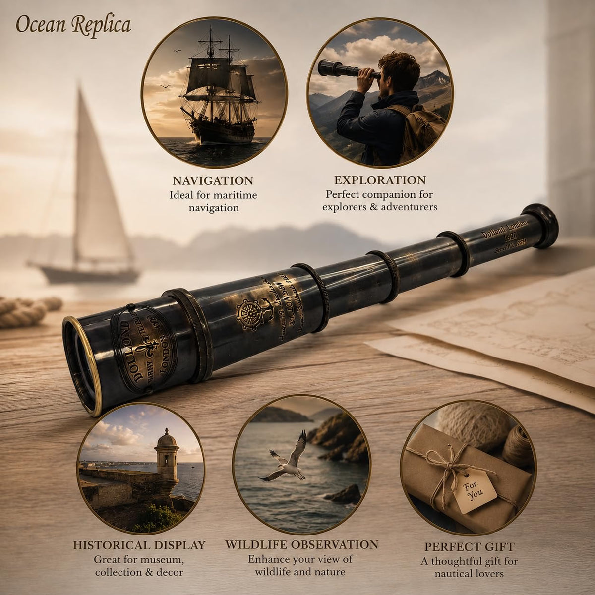 OCEAN REPLICAS 1920 Dollond London Brass Maritime Telescope, 15-Inch Vintage Nautical Spyglass with 25x Magnification, Solid Brass Scope & Wooden Box