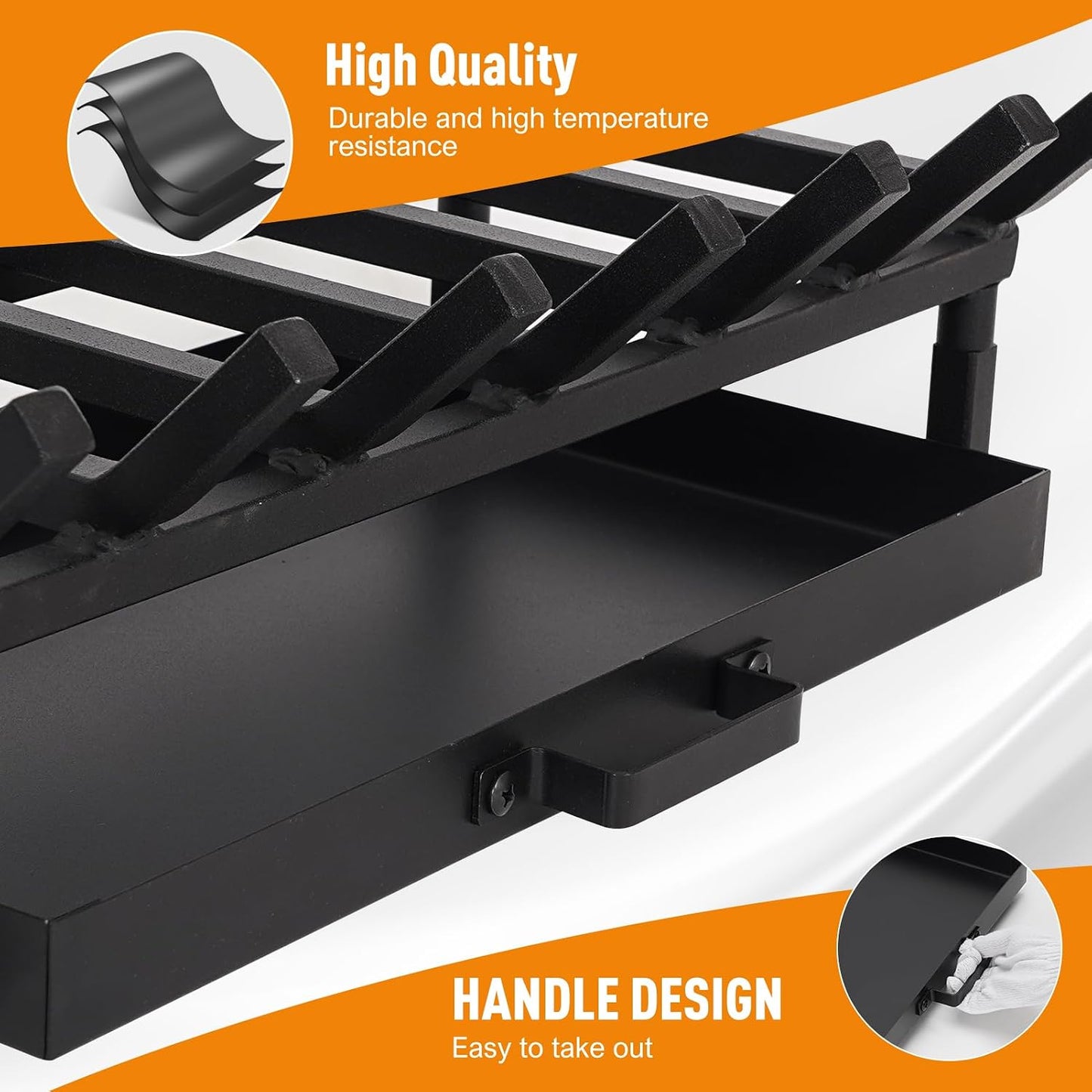 Fireplace Grate with Ash Pan & Log Holder, 20 inch Heavy-Duty Cast Iron,Fireplace Log Holder for Ash Catching, Log Holding,Fire Pit,Wood Burning Stove,Indoor Outdoor