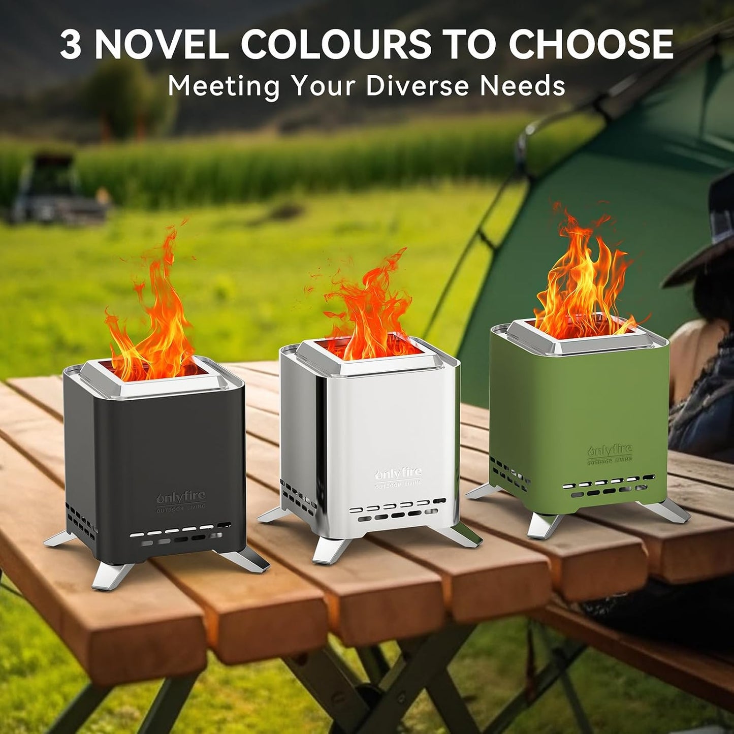 2-in-1 Wood Burning Fire Pit with Pot Rack, 7.8" Tabletop Fireplace, Green Portable Stainless Steel Camp Stove with Carry Bag for Camping, Patio, Backyard, RV & Tailgating, Smokeless Firepit, FP051