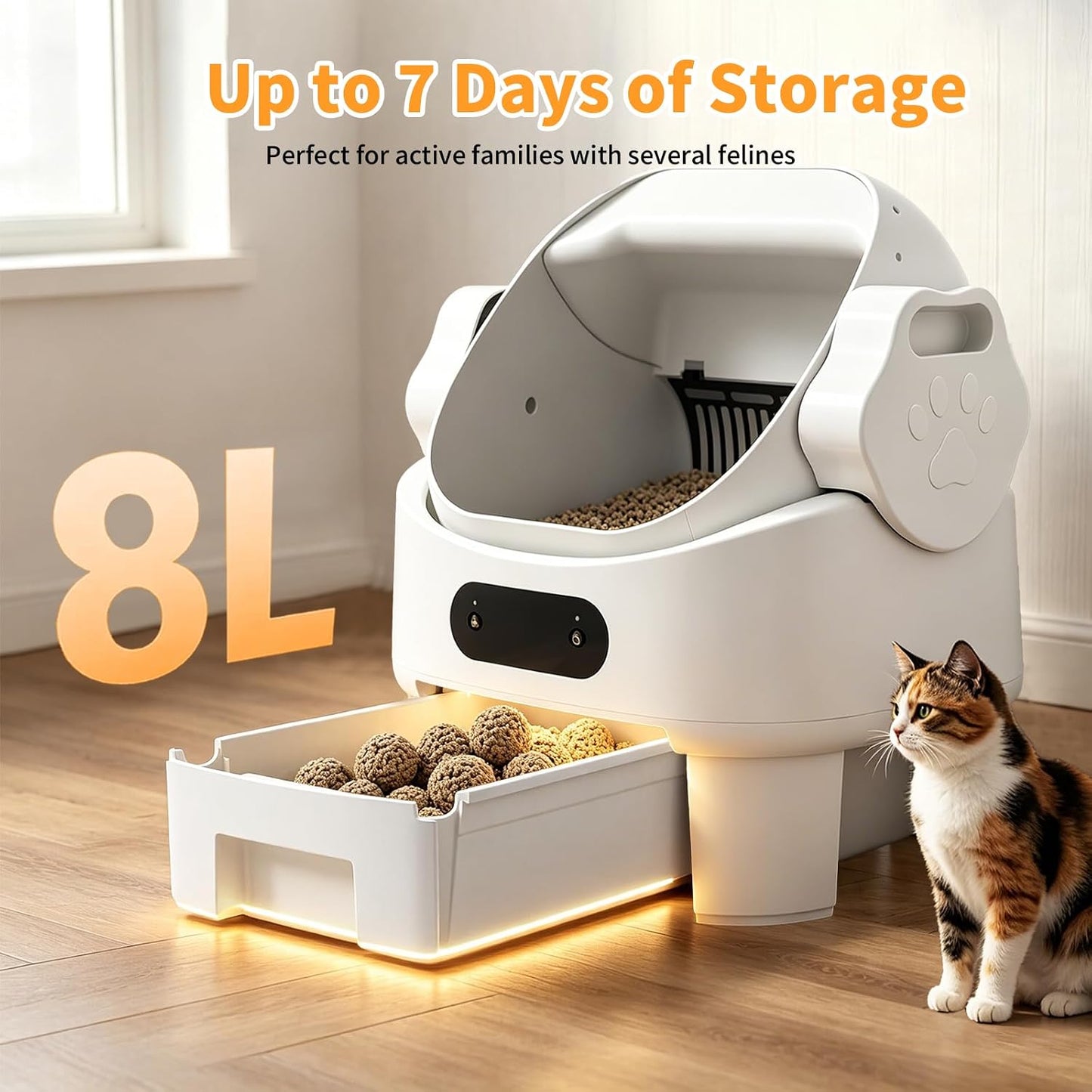 Self Cleaning Auto Litter Box Enclosure, Open-Top, Multiple Cats Safety Sensor Protection, Large Bin, Ultra Quiet, Easy Setup, Convenient Cleaning,Odor Control, Include Waste Bag, White