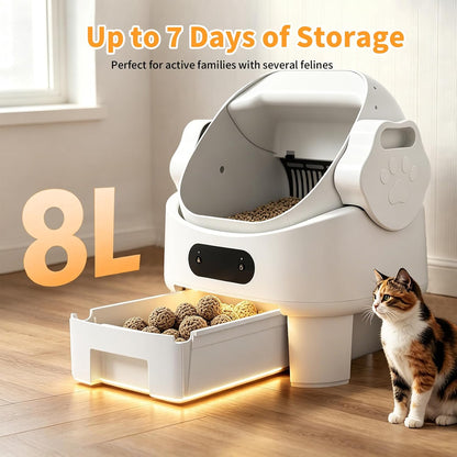 Self Cleaning Auto Litter Box Enclosure, Open-Top, Multiple Cats Safety Sensor Protection, Large Bin, Ultra Quiet, Easy Setup, Convenient Cleaning,Odor Control, Include Waste Bag, White