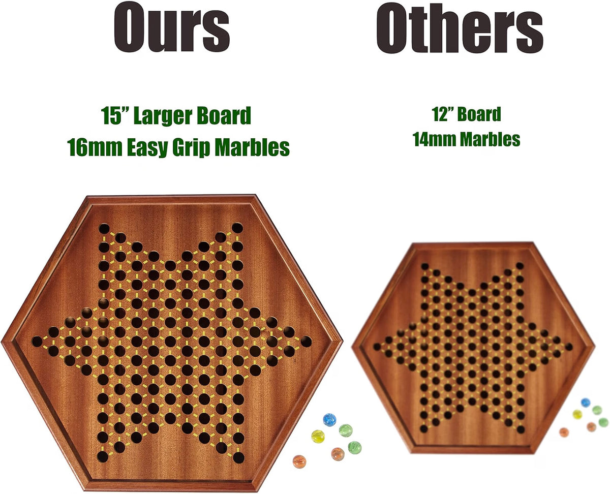 Vamslove Chinese Checkers 15-Inch Large Wooden Game Board, 72 Colorful 16mm Glass Marbles, 1-6 Player Family Board Game with Storage Drawer