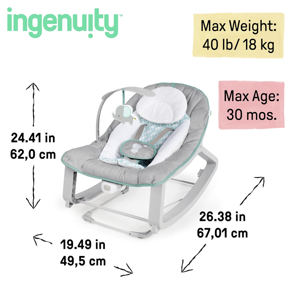 Ingenuity Keep Cozy 3-in-1 Grow with Me Baby Bouncer, Rocker & Toddler Seat, Vibrating Infant Bouncer with Toy Bar, 0-30 Months, Up to 40 lbs, Weaver