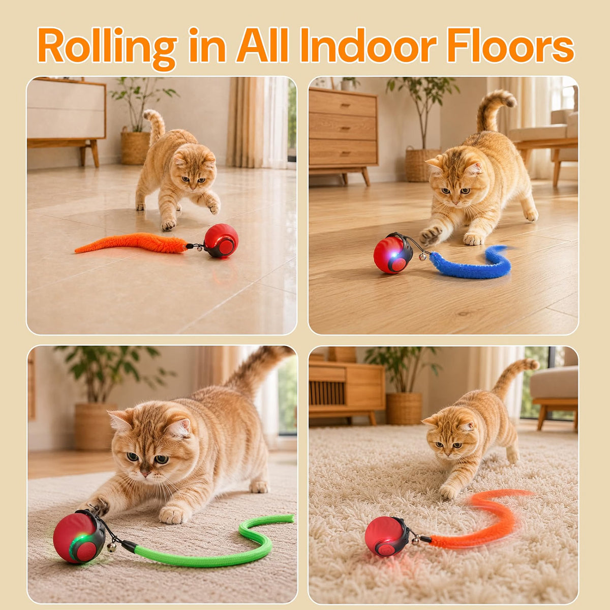 Geamen Interactive Cat Toy with Bird Sounds, 3 Smart Play Modes, Rechargeable Automatic Rolling Ball with 3 Teaser Tails, Indoor Cat Exercise Toy, A1 Red