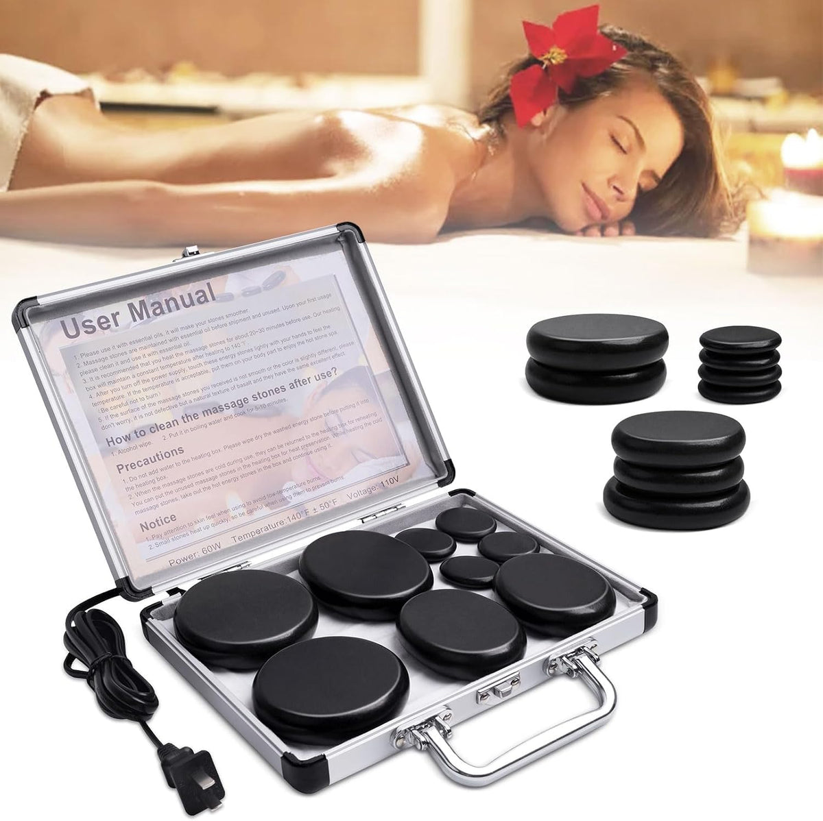 Primachen 9-Piece Hot Stones Massage Warmer Kit, Portable Basalt Massage Stones with Electric Heater, Home Spa Therapy Set