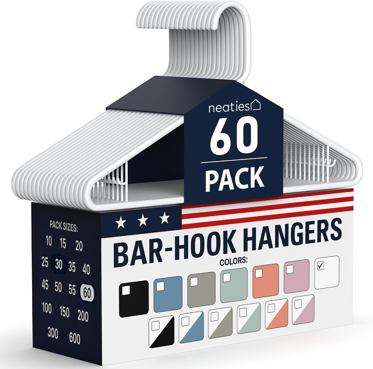 Plastic Hangers 50 Pack (60 Count) – Made in The USA – 6lb Capacity Standard Clothes Hangers with Strap Hooks for Dresses, Lingerie, Shirts, Pants, and Jackets – White
