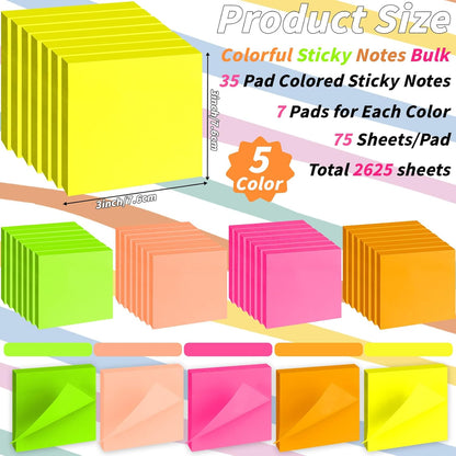 Oleitodh 35-Pack Sticky Notes, 3 x 3 Inch Colorful Memo Pads, 5 Bright Colors Self-Stick Notes for Office, School, Study, Planning and Reminders