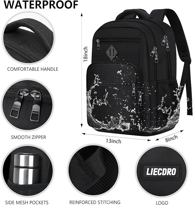 LIECDRO Black Backpack for Men, 17.3-Inch Laptop School Backpack for Boys & Teens, Waterproof Travel Work College Backpack with Multiple Pockets, Anti-Theft Pocket & Luggage Strap