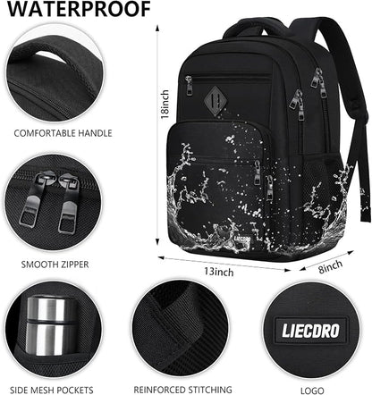LIECDRO Black Backpack for Men, 17.3-Inch Laptop School Backpack for Boys & Teens, Waterproof Travel Work College Backpack with Multiple Pockets, Anti-Theft Pocket & Luggage Strap