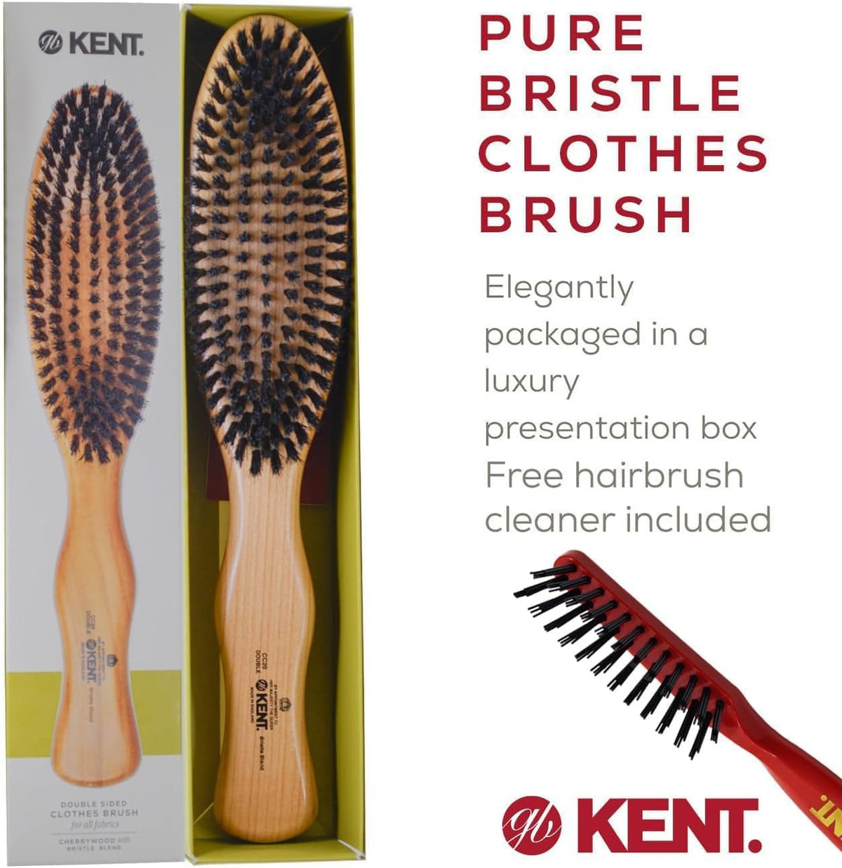 Kent CC20 Double Sided Cherrywood Clothes Brush and Lint Remover, Firm Side for Dust and Dirt, Soft Side for Gentle Brushing for Keeping Fabrics Free from Fibres, Fluff and Pet Hair, Made in England