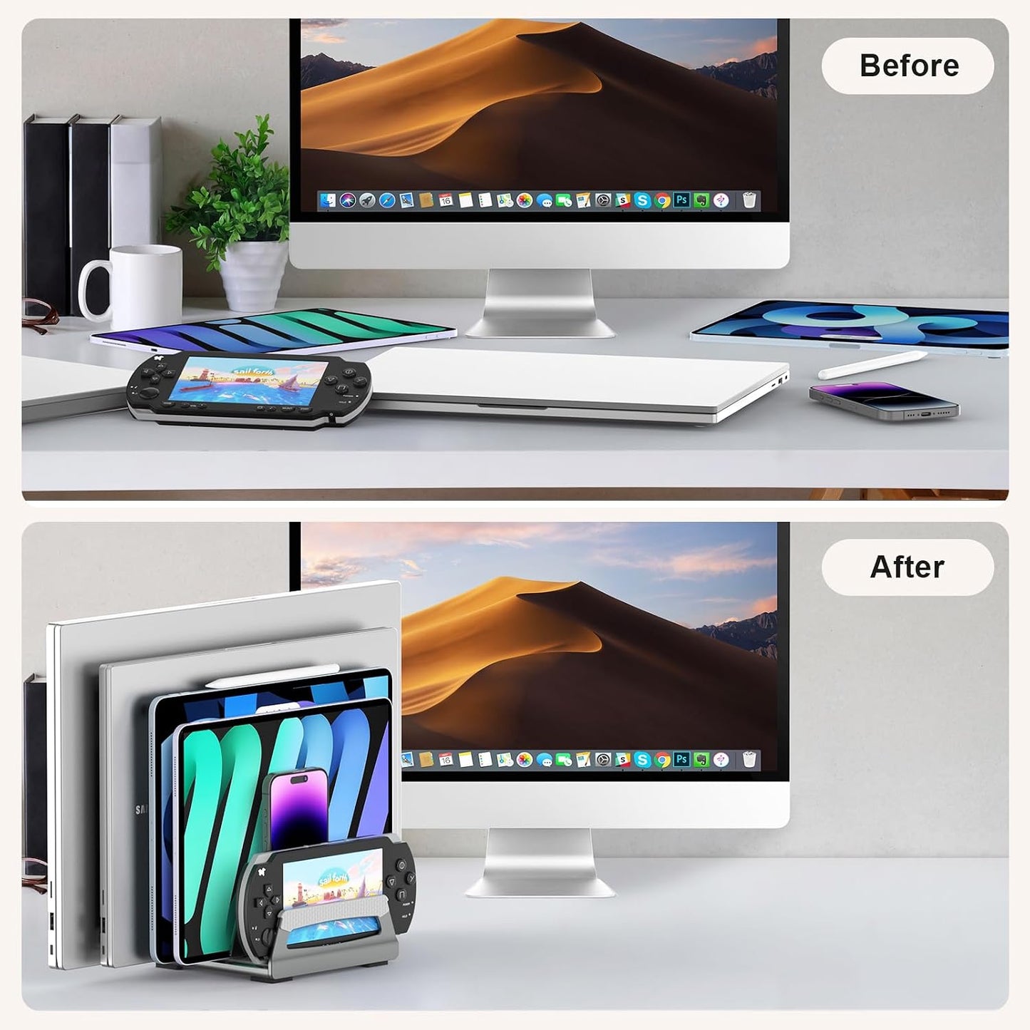 Elestoria 6-Slot Vertical Laptop Stand & Holder –Adjustable Aluminum Laptop Stand Vertical for Desk Fits 6 Devices, MacBook & Gaming Laptops (Up to 17.3”)–Space Saving Laptop Storage Rack - Grey