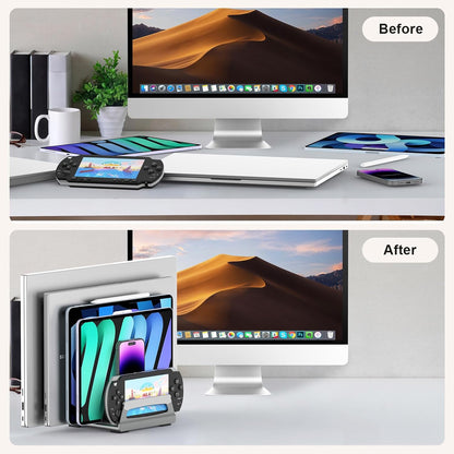 Elestoria 6-Slot Vertical Laptop Stand & Holder –Adjustable Aluminum Laptop Stand Vertical for Desk Fits 6 Devices, MacBook & Gaming Laptops (Up to 17.3”)–Space Saving Laptop Storage Rack - Grey
